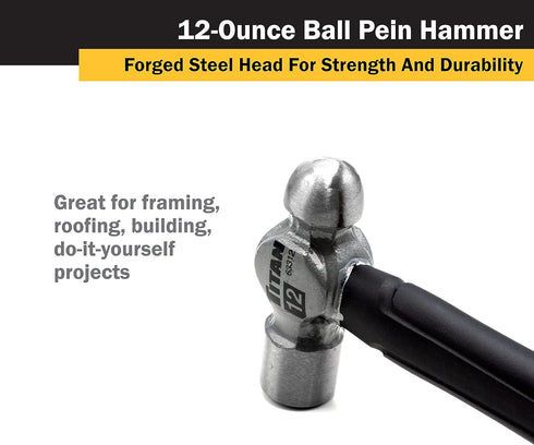 63312 12oz Hammer, 12" Titan Ball Pein Forged Steel Head, Shock Absorbing Fiberglass Handle with Textured Rubber Grip