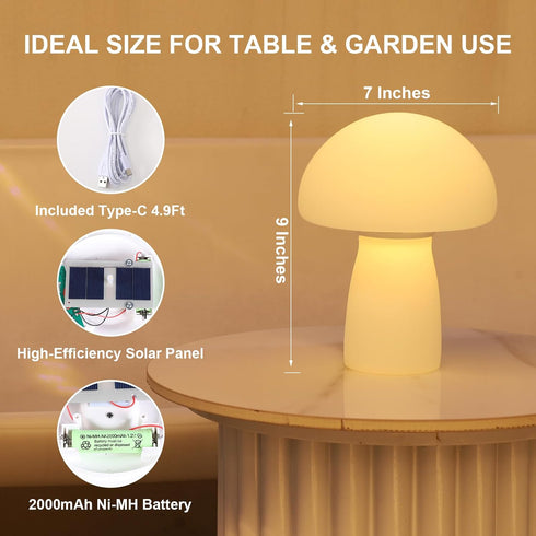 2000mAh IP65 Solar Table Lamp Outdoor Waterproof, Mushroom Solar Lamp with USB & Solar Charging, Rechargeable Patio