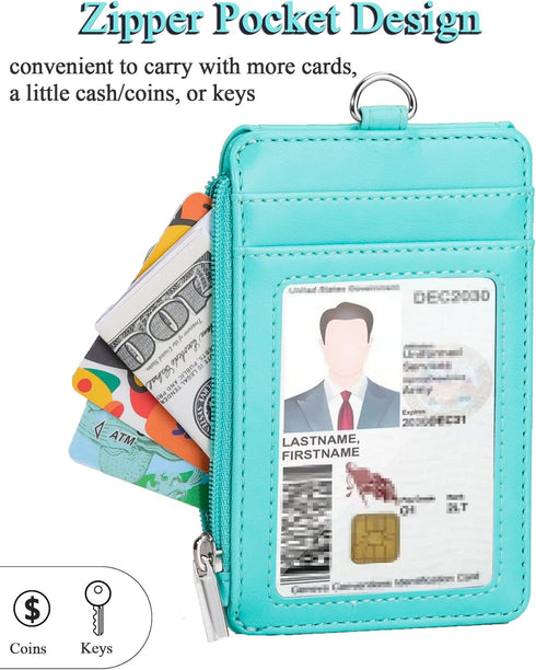 Teskyer Badge Holder with Side Zip Pocket, Leather ID Holder Wallet with Neck Lanyard for Office Staffs