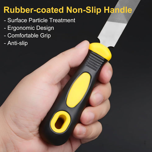 8'' Flat Hand Metal File, Ergonomic Rubberized Handle, High Carbon Steel for Trimming, Removing, Sharpening