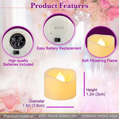 24 Pack 1.5" 1.2" x Battery Operated LED Tea Light Candles, Small Outdoor Flameless Flickering Votive Candles, Electric