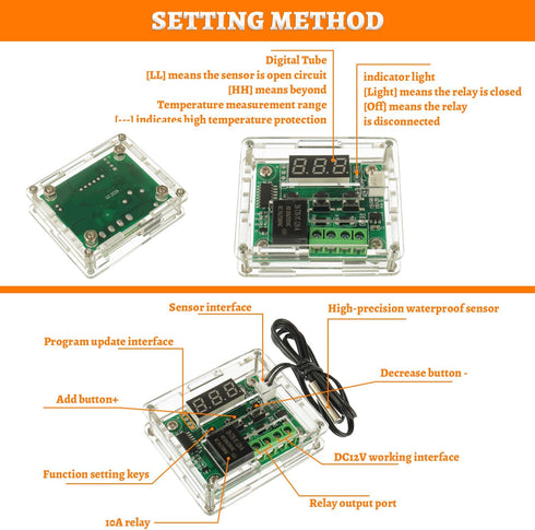 W1209 Digital Temperature Controller Board, 12V DC Micro Thermostat -50-110°C with Waterproof Case (2PCS)