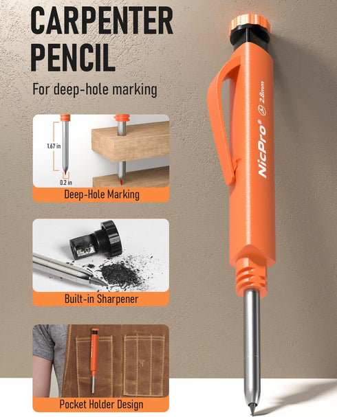 Nicpro Upgraded 3-IN-1 Carpenter Pencils Set with Finger Grip, 1 Construction Pencil and 13 Refill