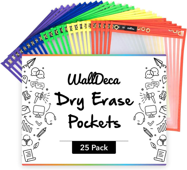 WallDeca Dry Erase Pocket Sleeves, 8.5" x 11", Reusable Plastic Paper Holder Pack, 5 Colors (25-Pack)
