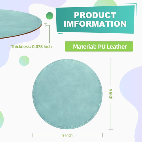 Round PU Mouse Pad, Leather Mouse Pad with Stitched Edge, Non-Slip Waterproof for Computers, 9 x 9 Inch (Light Blue)