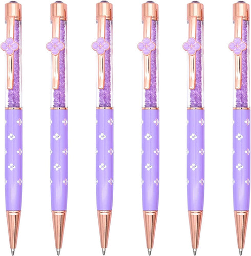 Gullor 6 Pieces Black Ink Pens: Medium Point Ballpoint Crystal Pen with Four-leaf Clover, Purple