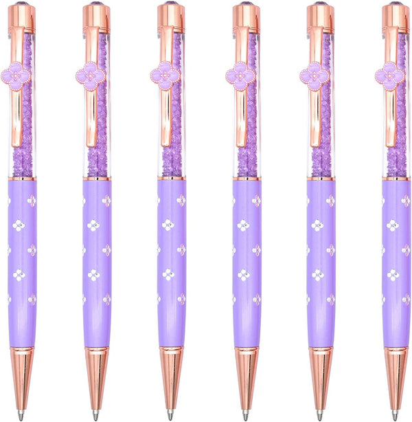 Gullor 6 Pieces Black Ink Pens: Medium Point Ballpoint Crystal Pen with Four-leaf Clover, Purple