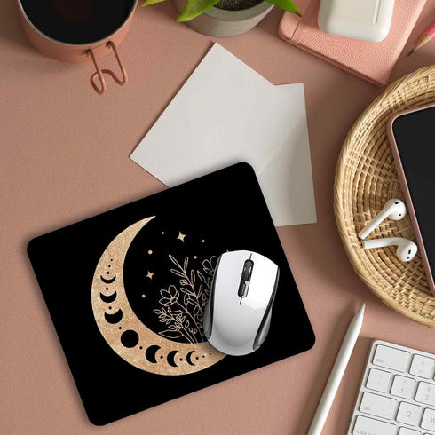 Black Gold Moon Mouse Pad, 9.4 x 7.9 Inch, Boho Non-Slip Rubber Mat for Desk