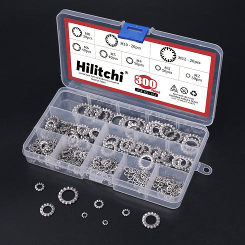 Hilitchi 300-Pcs Assortment Kit of 304 Stainless Steel External Tooth Star Lock Washers - M2.5 M3 M4 M5 M6 M8 M10 M12