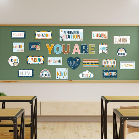 Boho Affirmation Station Bulletin Board Set, Rainbow Bulletin Board for Classroom Decor with Motivational Accents