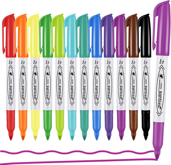 Permanent Markers Assorted Colors Set, 12 Colored Markers 12 Pack, Fine PointWorks