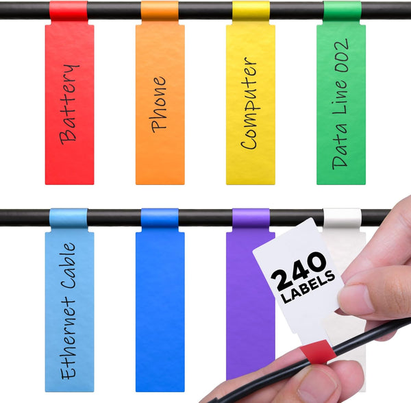 XFasten Cable Labels Tags for Cable Management, 240 pcs Waterproof Cord Labels for Electronics, 8 Colors Write On Wire
