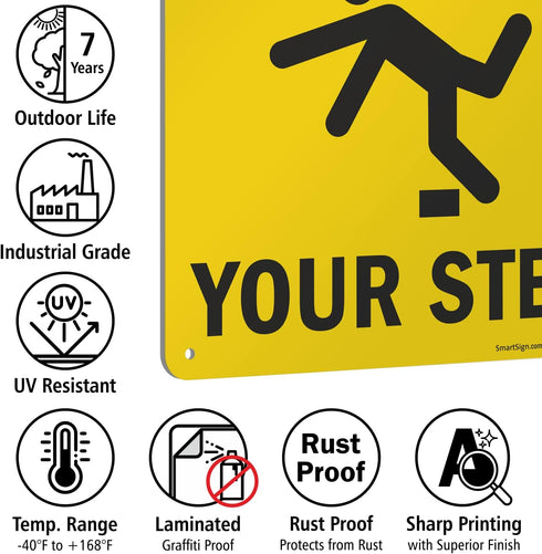 SmartSign-S-4431-AL-14 "Caution - Watch Your Step" Sign | Aluminum 10" x 14", Black on Yellow