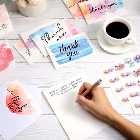 Faccito 100 Watercolor Thank You Cards with Envelopes and Stickers, Baby Shower, Graduation, Birthday, Wedding, Thank