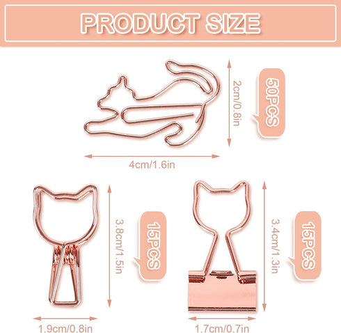 Whaline 80Pcs Cat Shaped Metal Binder Clips, Acrylic Crystal Box, 3 Design Rose Gold Cute Paper Clips for Gifts