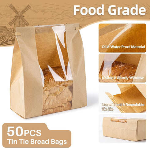 50 Packaging MAQIHAN Bread Bags with Reusable Ties - Homemade Sourdough Bread Storage Bags Brown Paper Bagel Loaf