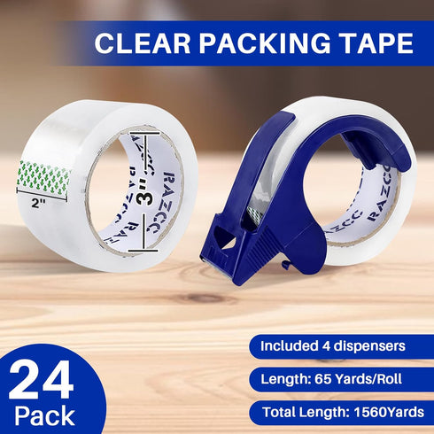 Clear Packing Tape, 24 Rolls Heavy Duty Packaging Tape with Dispensers, 2" x 65 Yards Per Roll, 1560 Total Yards