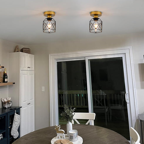 Edzemuwa Industrial Ceiling Light, Gold and Black, Metal Cage Shade, Semi-Flush Mount, Geometric Design Caged, Mini