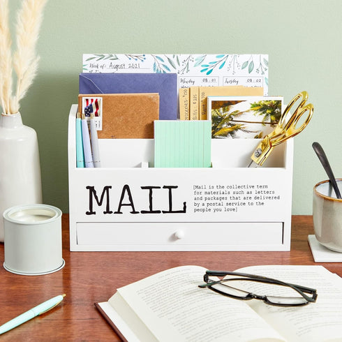 Juvale White Mail Organizer for Desktop, 3-Tier Wooden Sorter with Drawer for Files