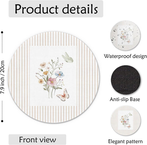 Qykwz 7.9x7.9 Inch Boho Floral Butterfly Mouse Pad, Preppy Wild Flower Botanical Neutral Striped Mousepad for Computers