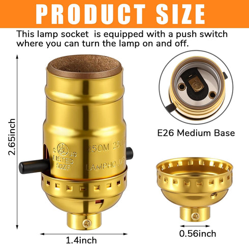 Saysurey 8 Pack E26 UL Listed Lamp Socket with Push On/Off, Threaded Base, Medium Screw Push Socket, Lamp Parts