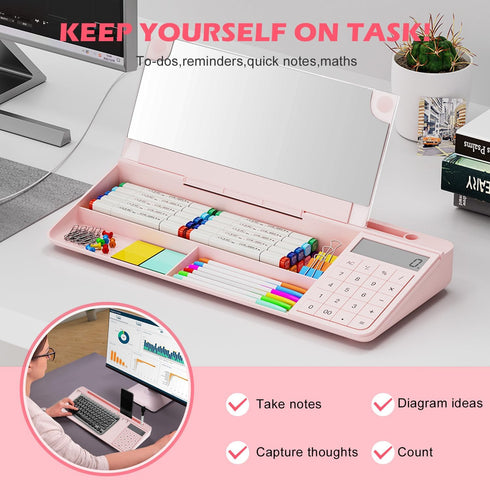 Desktop Glass Whiteboard with Mirror & Calculator (12 Digit LCD Display) & Ruler Marker, Tilted Keyboard Stand, Pink