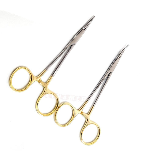 Premium German Stainless Steel, Set of 2 PCS Gold Handle Mosquito Locking HEMOSTAT Forceps, Straight + Curved 5"
