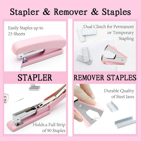 UPIHO Pink Office Supplies, Pink Desk Accessories Set, Stapler, Tape Dispenser, Gift for Students and Coworkers