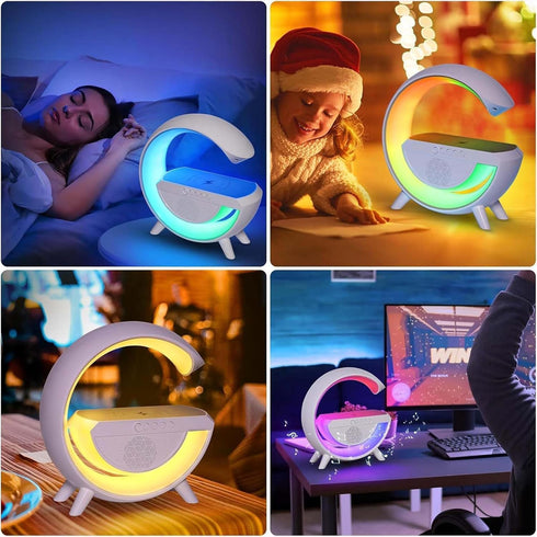 15W Table Lamp with Bluetooth Speaker, G Bedside Light with Wireless Charger, Atmosphere Lighting with Alarm Clock, RGB