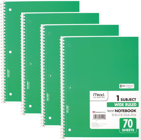Mead Spiral Notebooks, 1 Subject, Wide Ruled, 70 Sheets, Green, 10-1/2 x 7-1/2 inches, 4 Pack (38300)