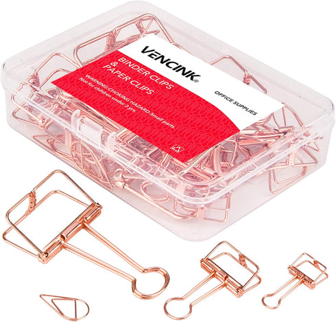 Rose Gold Wire Binder Clips and Cute Paper Clips Set, Assorted Sizes, 2 Large, 6 Medium, 10 Small Office Clamp Clips