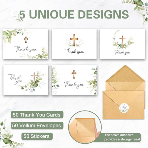 50 5 4 6in Communion, Thank You Cards with Envelopes, Watercolor Greenery Cross Designs x Blank Inside Thank You Card