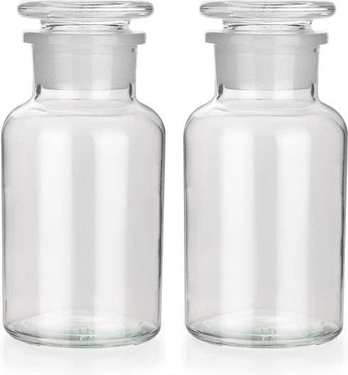 2 Packs 250ml Glass Reagent Bottle, Lab Wide Mouth Bottle with Glass Ground Stopper, Clear