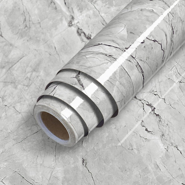 Erfoni Gray Glossy Marble Wallpaper, Peel and Stick Contact Paper for Kitchen Cabinets, 15.8"x118.1"