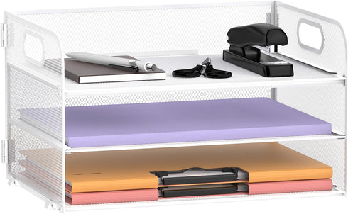 SUPEASY 3 Tier White Paper Organizer with Handle, Mesh Desk Letter Tray, File Organizer