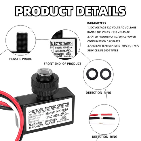 BTFO 6pcs 105V-130V AC Photocell Light Sensor with Auto On/Off, Dusk to Dawn Photoelectric Switch for Outdoor Lighting