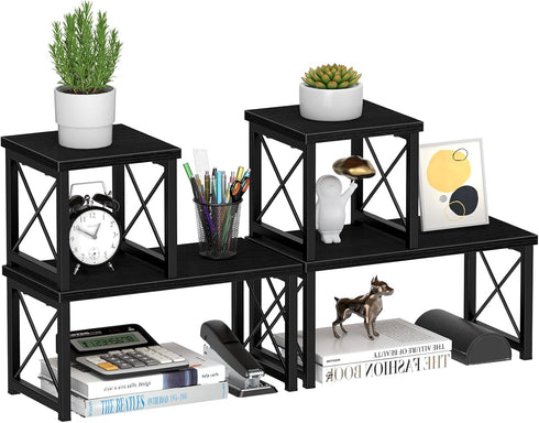 Honiter 2 Sets Desk Shelf, Desktop Organizer Shelf, Freestanding Small Bookshelf, 2 Tier Stackable Desktop Storage