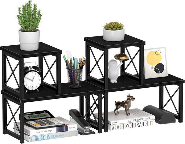 Honiter 2 Sets Desk Shelf, Desktop Organizer Shelf, Freestanding Small Bookshelf, 2 Tier Stackable Desktop Storage