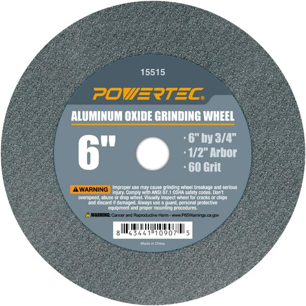 POWERTEC 15515 Bench Grinder Wheel, 6 Inch x 3/4 Inch, 60 Grit Aluminum Oxide, 1/2 Arbor, 1 Pack