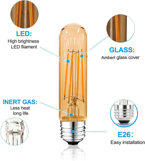 5 Inch E26 Bulb 80 2200K Bulb 6W Dimmable, 800LM T10 T9 Bulbs 120V 6Pack Led Equal Watt, Amber White Vintage Edison