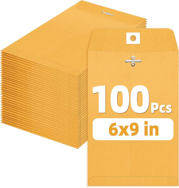 SUNEE 6x9 Clasp Envelopes 100 Count - 6x9 Inch Brown Kraft Envelopes with Clasp Closure for Home, Office, Business,