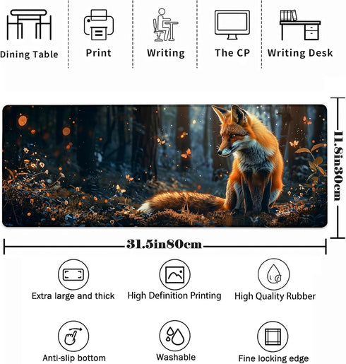 Aonimonis 31.5" 11.8" Cute Fox Mouse PadAnimal Forest Gaming Keyboard MatLaptop Computer Protector with Non-Slip Rubber