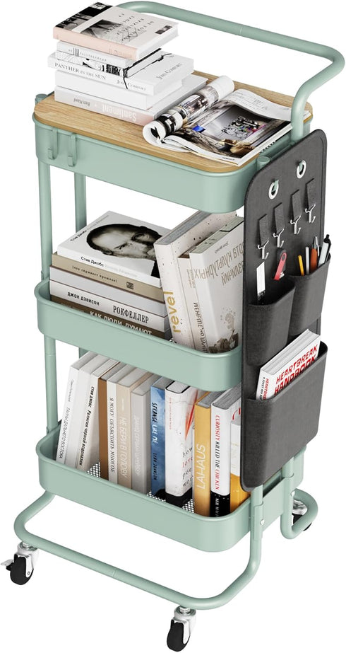 DTK 3 Tier Metal Utility Rolling Cart, Table Top & Side Bags, Storage Organizer with Wheels, Green