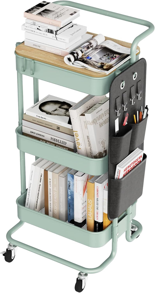 DTK 3 Tier Metal Utility Rolling Cart, Table Top & Side Bags, Storage Organizer with Wheels, Green