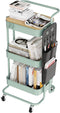 DTK 3 Tier Metal Utility Rolling Cart, Table Top & Side Bags, Storage Organizer with Wheels, Green