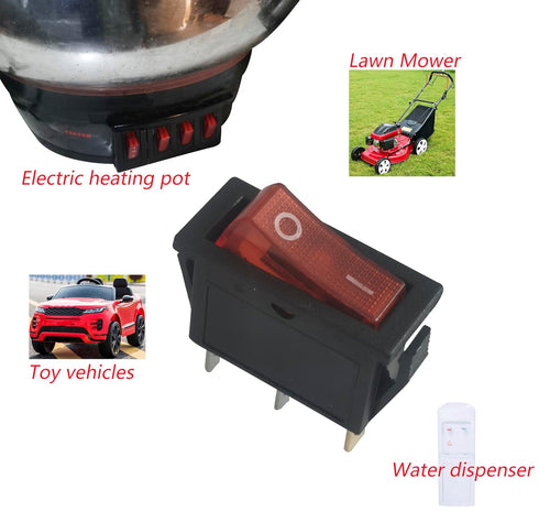 3 Pin 2 Position Red Lighted Rocker Switch for Desktop Grinder, Electric Fireplaces, Household Appliances, Lawn Mower