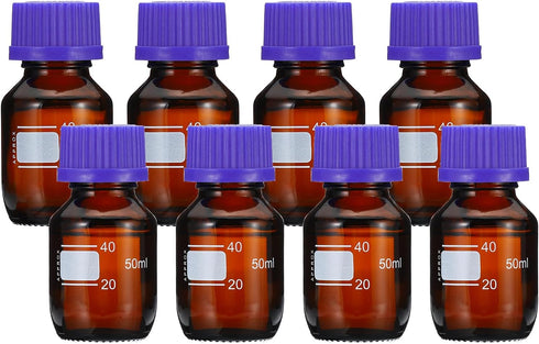 PATIKIL 8 Pack Reagent Media Storage Bottles, 50ml Borosilicate Glass Graduated Round Bottles with GL32 Blue Screw Cap
