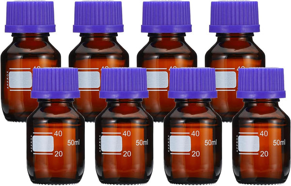 PATIKIL 8 Pack Reagent Media Storage Bottles, 50ml Borosilicate Glass Graduated Round Bottles with GL32 Blue Screw Cap