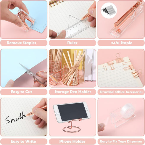 Rose Gold Office Supplies, Mesh Desk Organizers with Tape Holder, Stapler, Pen Holder, and More for Office