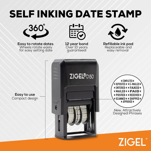 ZIGEL D50 Date Stamp with Entered, Self Inking, Blue